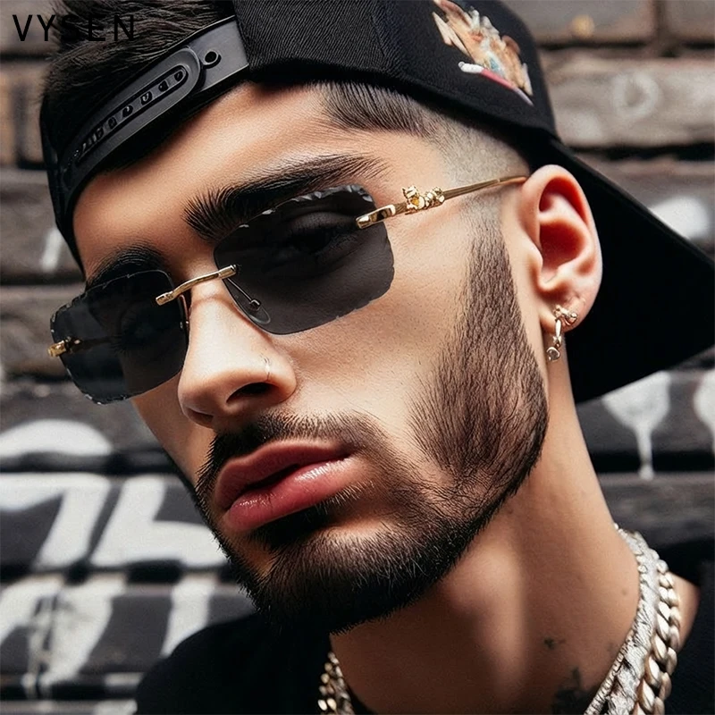 

Rimless Square Punk Sunglasses Men 2025 Luxury Brand Cut Edge Metal Frame Sun Glasses Leopard Head Eyewear Outdoor Shades UV400