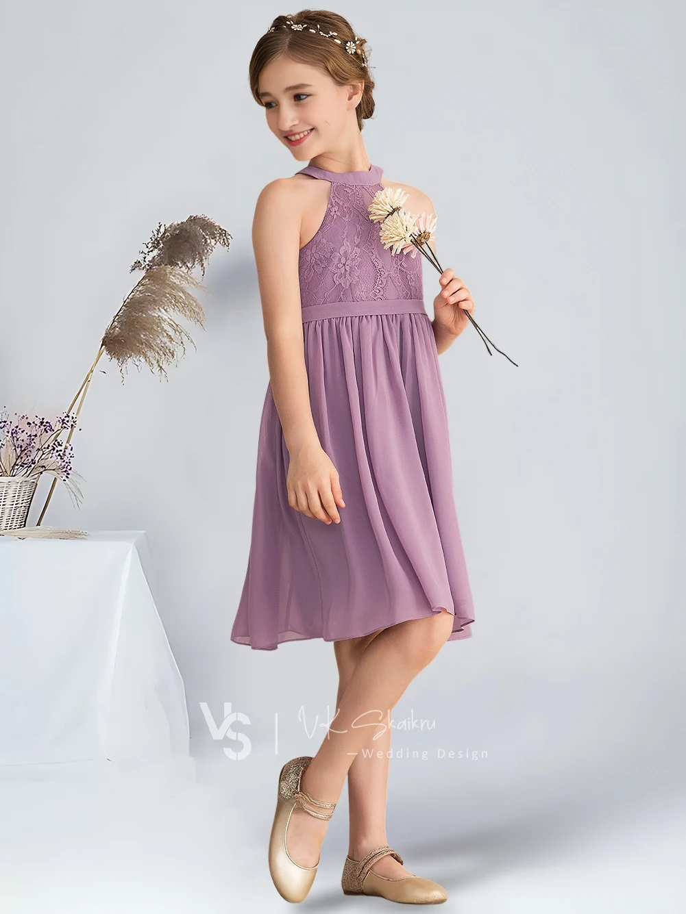 فستان وصيفة العروس الصغير على شكل حرف a للأطفال فستان فتاة الزهور من الشيفون والدانتيل لحفلات الزفاف وحفلات الفتيات #1