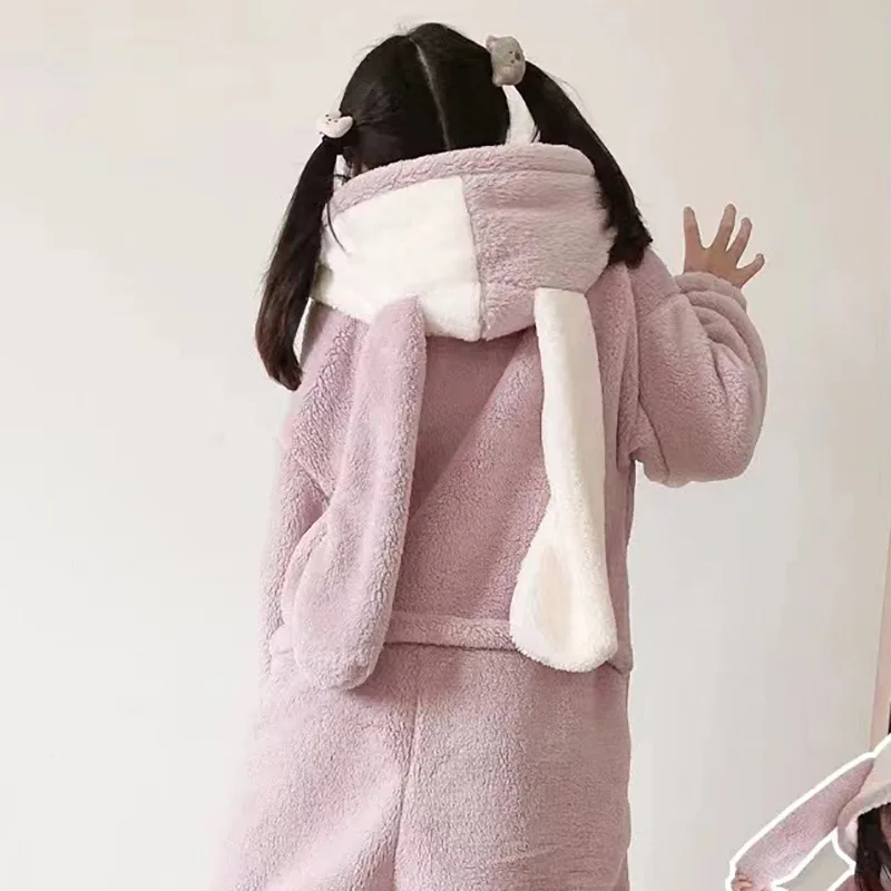 Autumn Winter Women Cute Onesies Pajamas Coral Fleece Warm Cartoon Rabbit Ears Hooded Sleepwear Girls Sweet Home Clothes Pyjamas