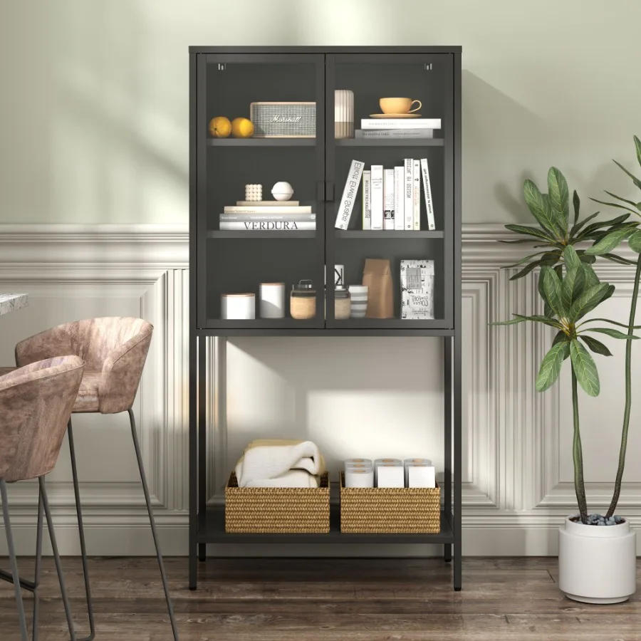 

59H Heavy Duty Metal Storage Cabinet Sideboards Buffet Display Storage Cabinet with Glass Doors and 2 Adjustable Shelves Tall B