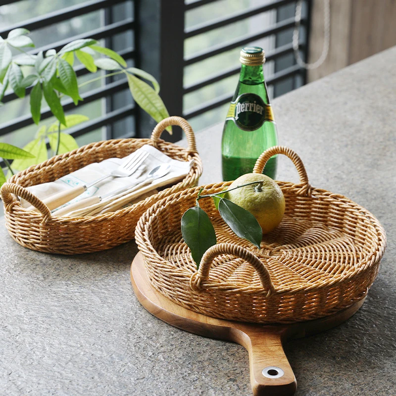 Nut Tray Rattan Woven Organizer Round Bread Fruit Cake Food Plate Serving Tray For Home Kitchen Table Decor