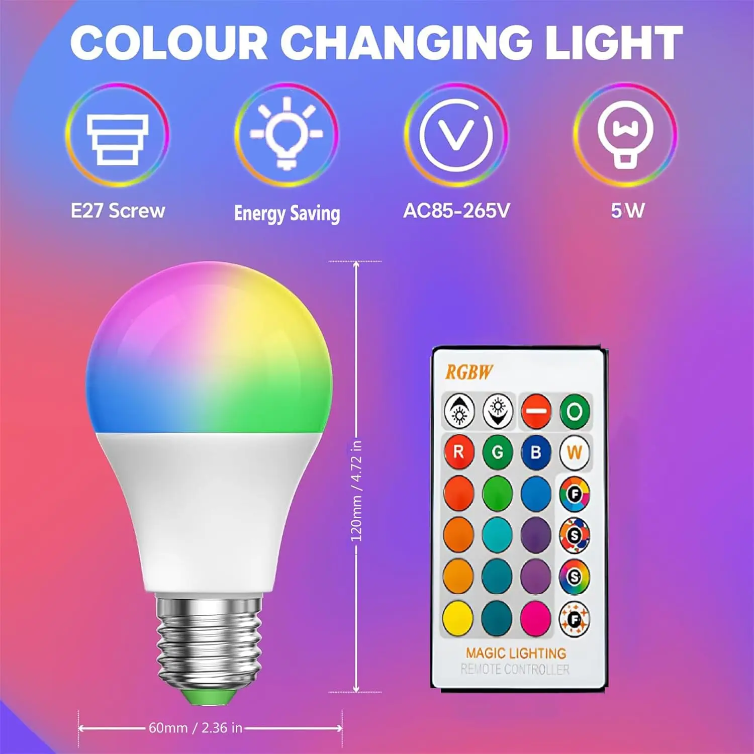 1-6 Pack Colour Changing Bulb E27 5W Dimmable RGBW LED Light Bulbs Mood Lighting with 24 Key Remote Control 16 Colors for Home