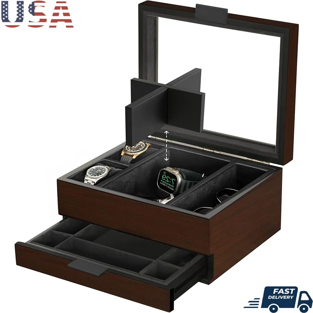 

8 Slot Watch Box Organizer Wood Display Case with Accessory Drawer Apple Watch Compatible Perfect Gift Watch Lovers