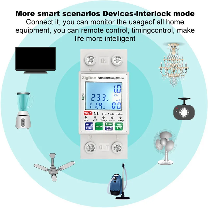Solar PV Bi direção Two Way Tuya Smart ZigBee Medidor de Energia Monofásico 80A Din Rail Power Monitor Wattmeter Voltímetro Ampermeter 110V 240VAC