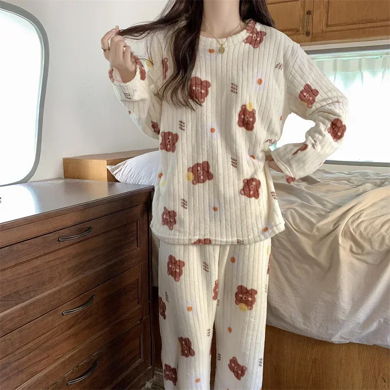 Samt-Pyjama-Set für Damen, flauschig, warm, lockeres Oberteil, Hose mit elastischem Bund, lässiger Wollanzug für zu Hause, Herbst-Winter-Set – Detail 1