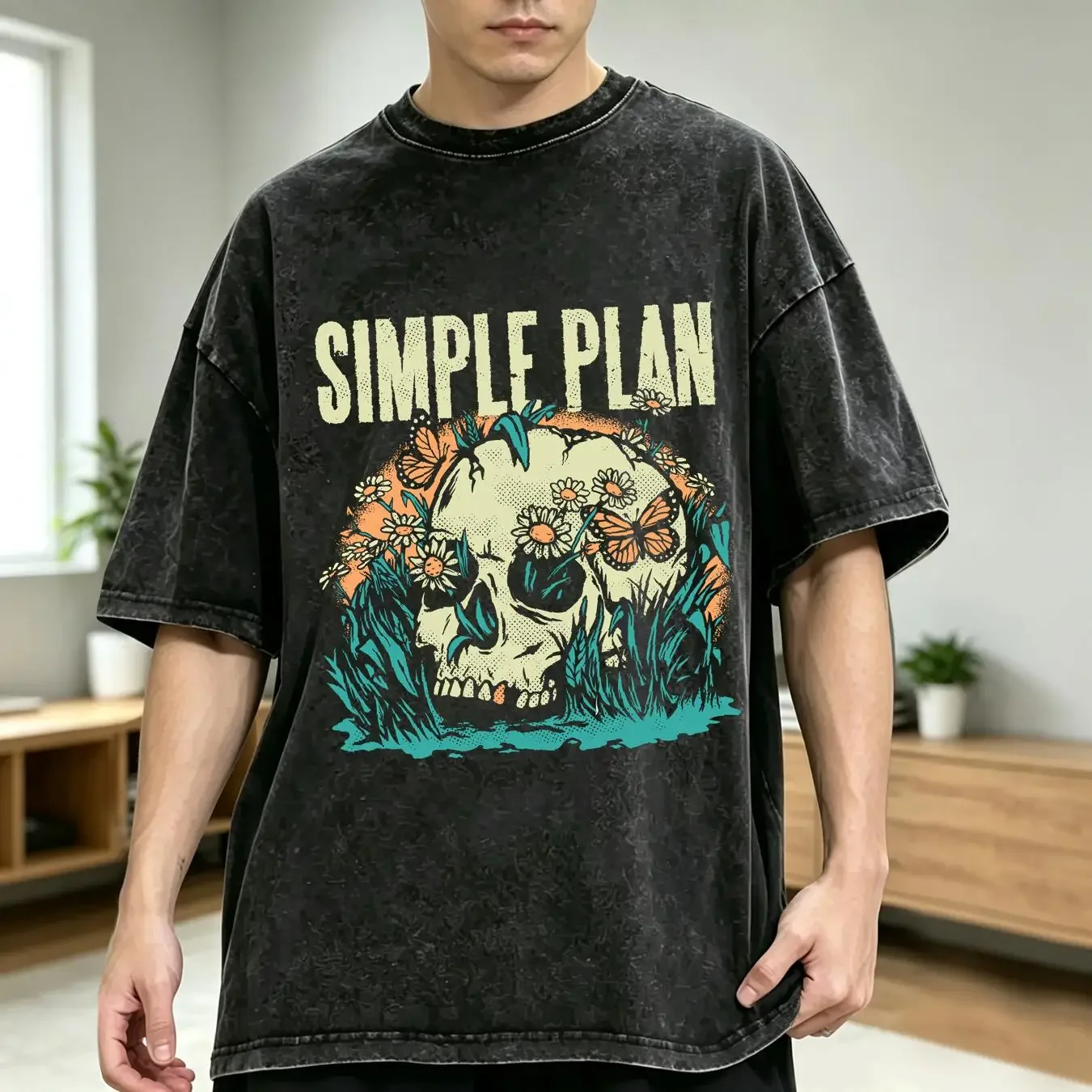 washed T Shirt Simple Plan band Skull black Cotton All sizes 3F1472 vintage Washed Stylish Unisex designer clothes Casual
