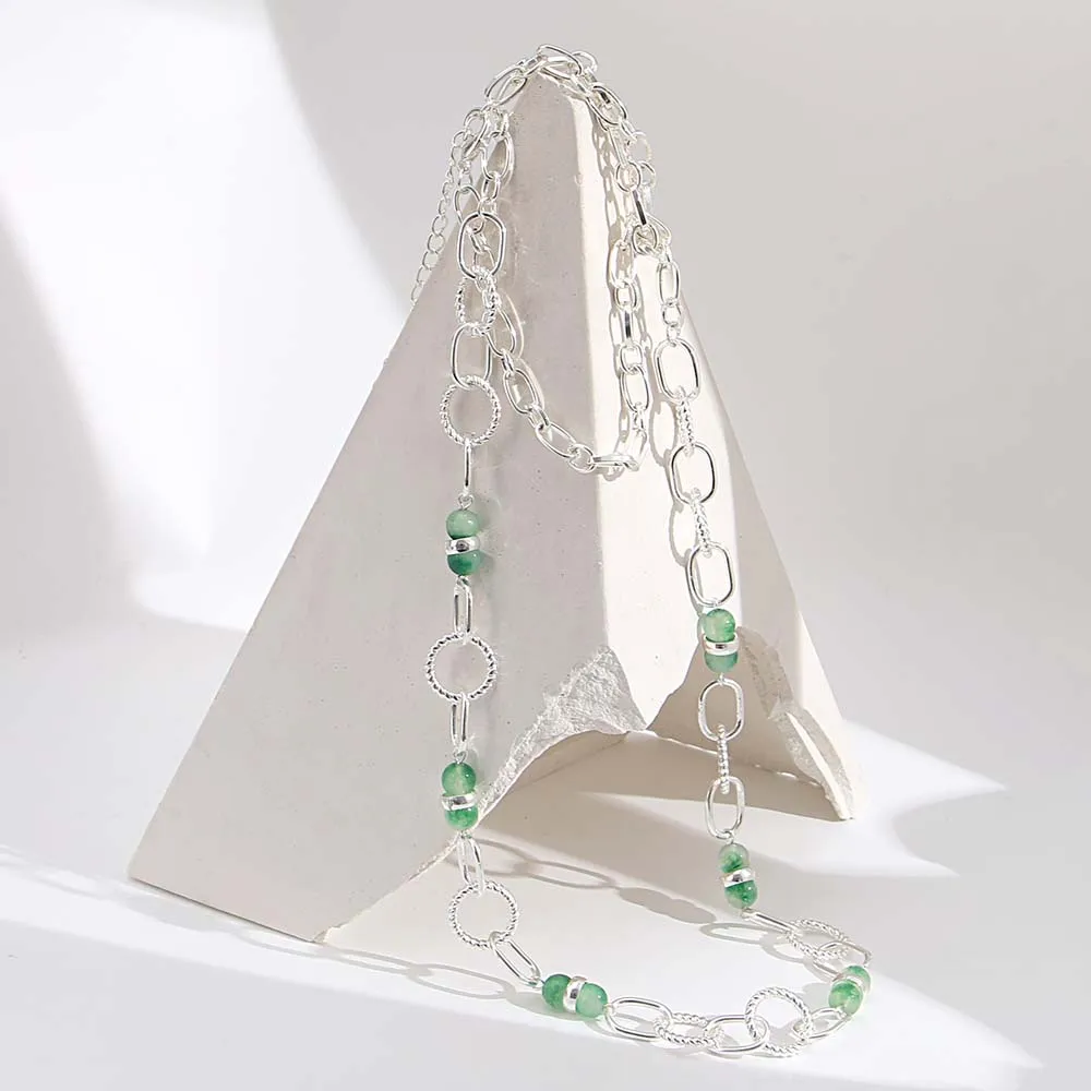 ALLYES Vintage Green Natural Stone Beads Necklaces Irregular Geometric Hollow Round Metal Long Chain Necklace Female Jewelry