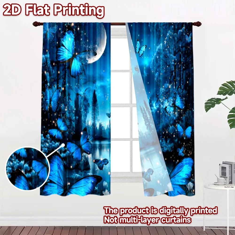 2D flat printing 2pcs Curtains Blue Butterflies Night Moon Digital Printed Polyester Drapes Birthday Party Use for Booths Studio