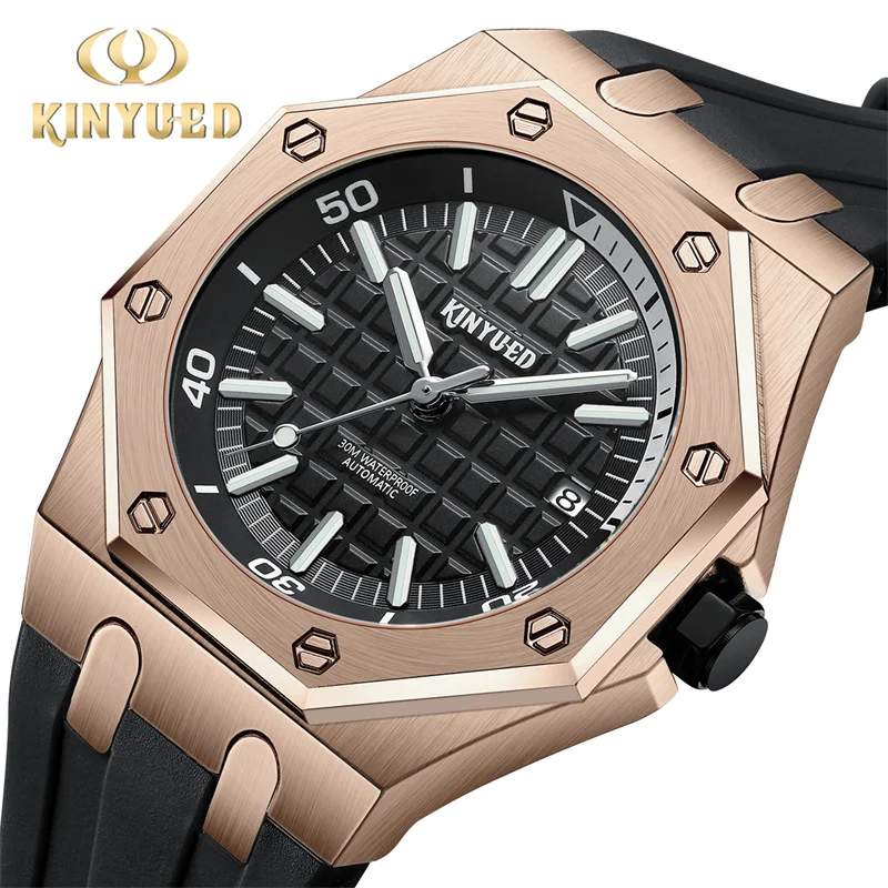 Kinyued Men Mechanical Wristwatch Rubber Strap Casual  Automatic Calendar Watches For Man Gift Luminous Hands Watches