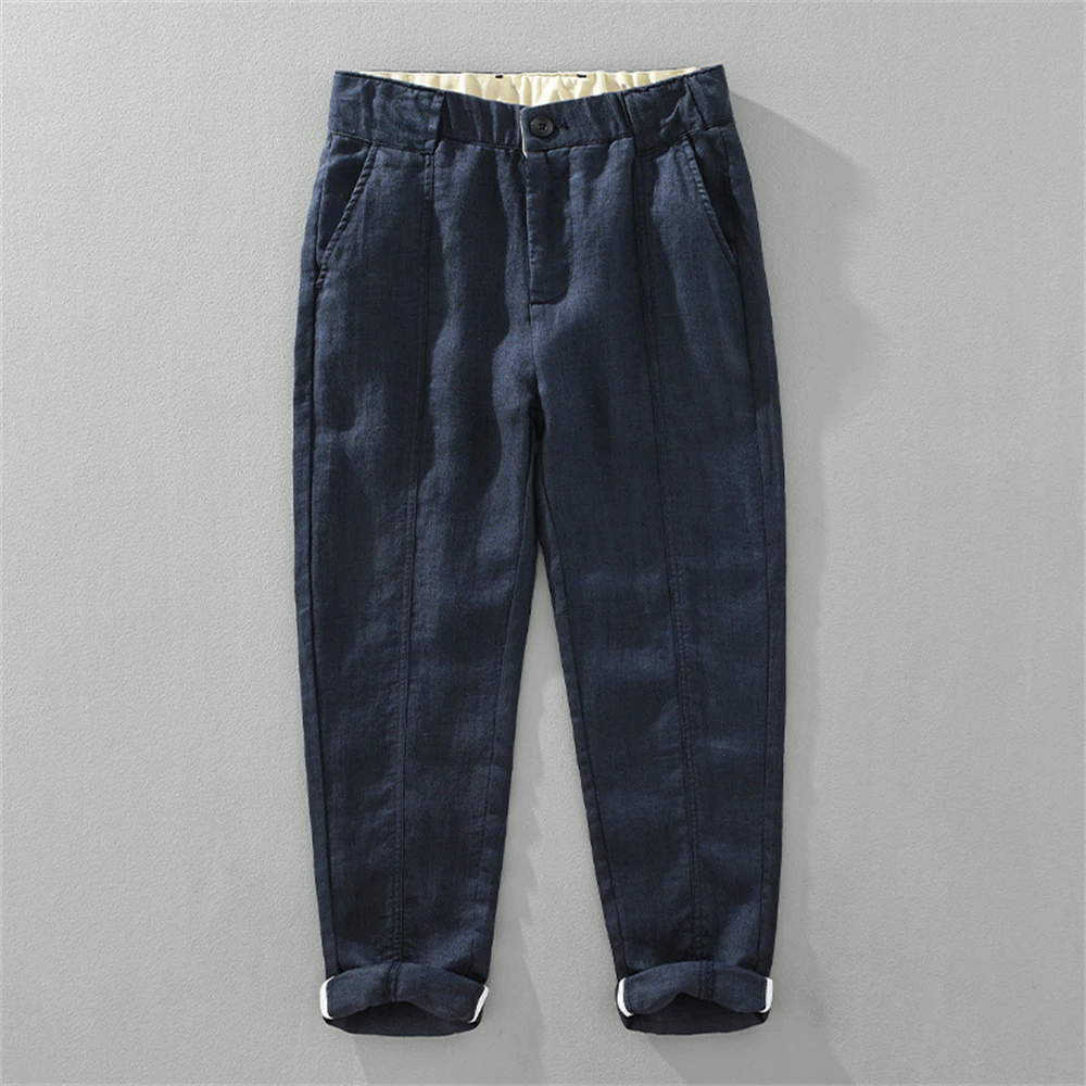 

men's summer pants pure linen breathable fashion youth men cropped pants solid loose fit spring man casual trousers daily wear
