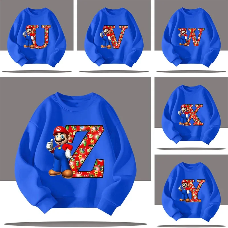 

Mario Boy T-shirt with letters A-Z for children, round-neck pullover hoodie for kids, children's cartoon print casual girls' top