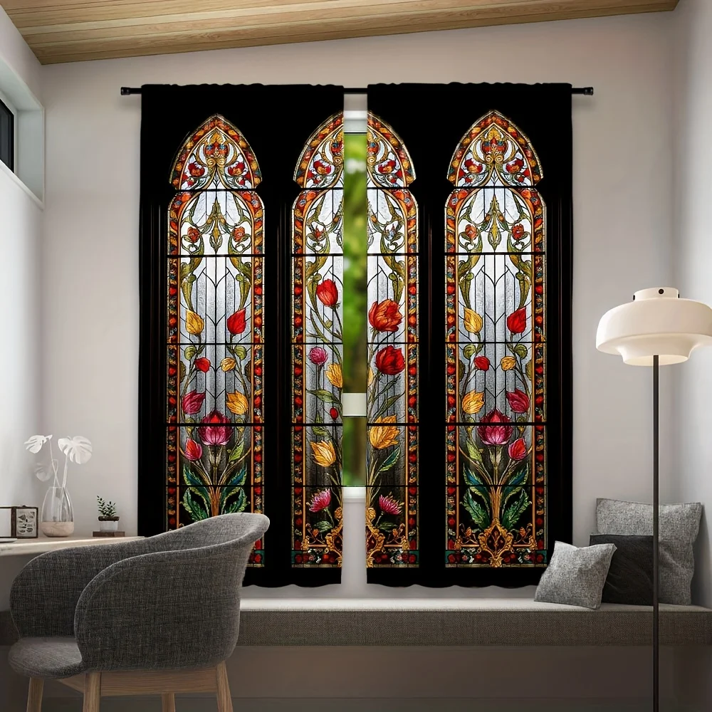 Stained Glass Window Curtains Gothic Style Decorative Sheer Panels for Living Room Home Decor