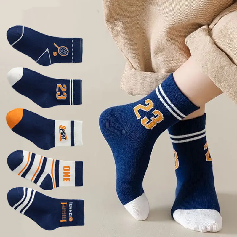 5Pairs Autumn Winter Cotton Kids Boys Socks  Sports Sock for Baby Cute Tennis Series Print Children Students Mid Tube Socks