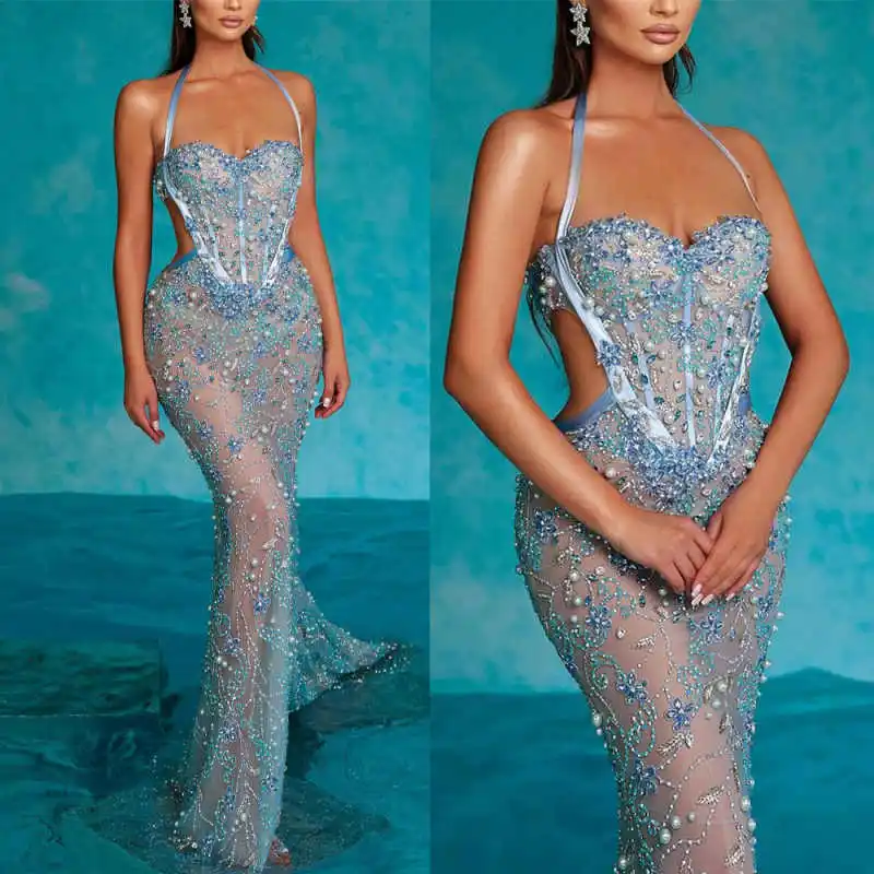 

Роскошные вечерние платья Русалка с аппликациями и блестками, тюлевое платье с лямкой на шее, платье для выпускного вечера, Vestido De Noite по индивидуальному заказу