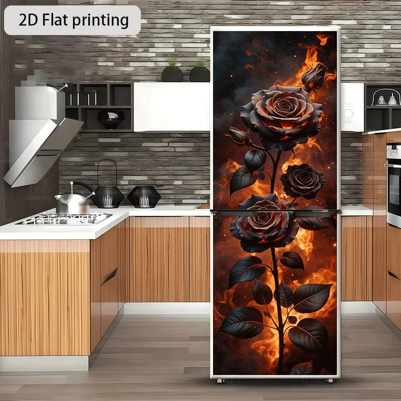 Refrigerator Sticker Flaming Black Rose Bloom Theme Design Wall Sticker Decorative Wallpaper Self-Adhesive Suitable for Cabine