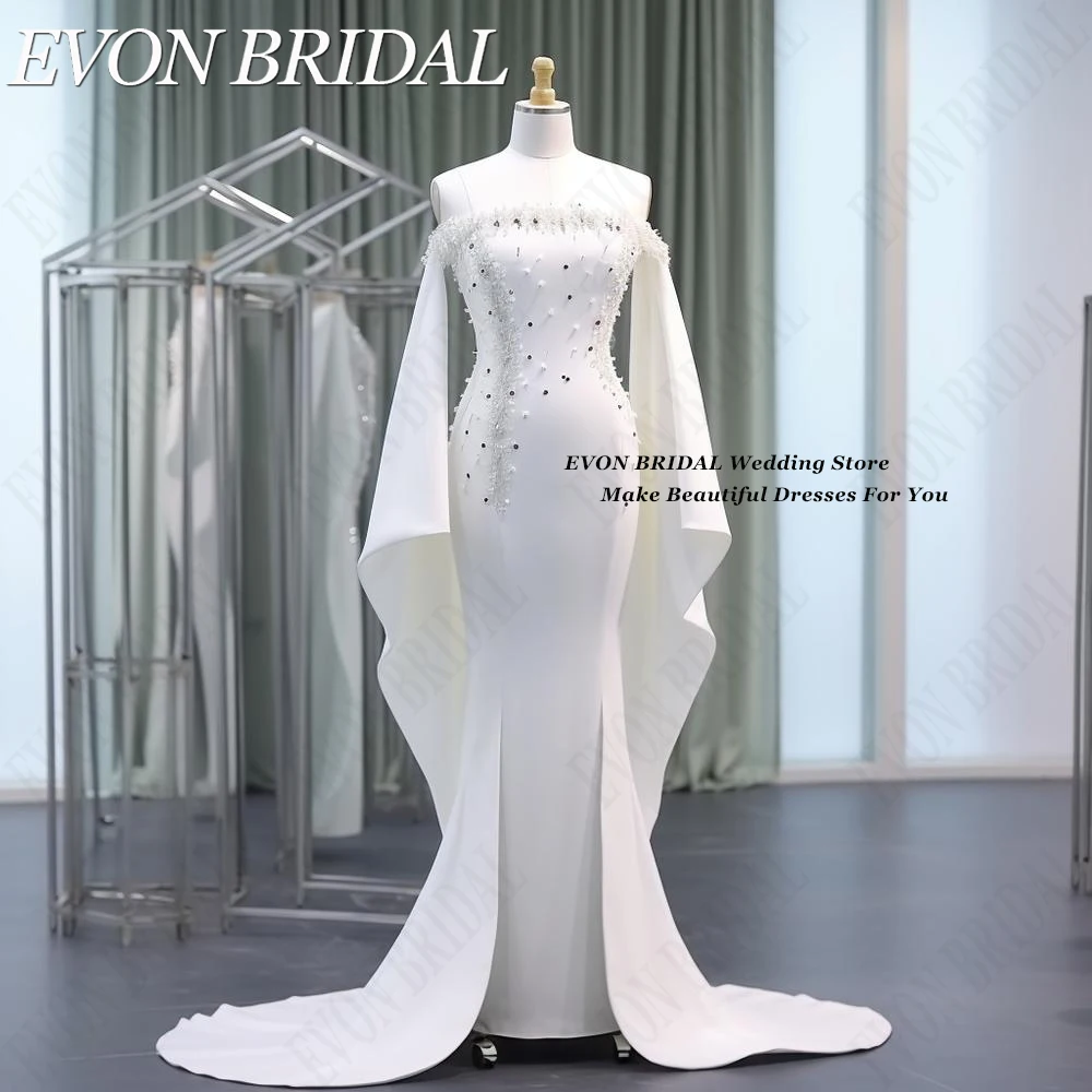 EVON BRIDAL Boat Neck Wedding Dresses Pearl Beads Mermaid 웨딩드레스 Ruffles Sleeves Simple Korean Style Bridal Party Gowns Custom