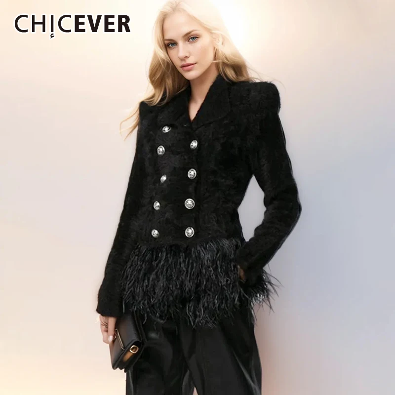 

CHICEVER Patchwork Raw Hem Elegant Coat For Women Stand Collar Long Sleeve Spliced Double Breasted Temperament Coats Female New