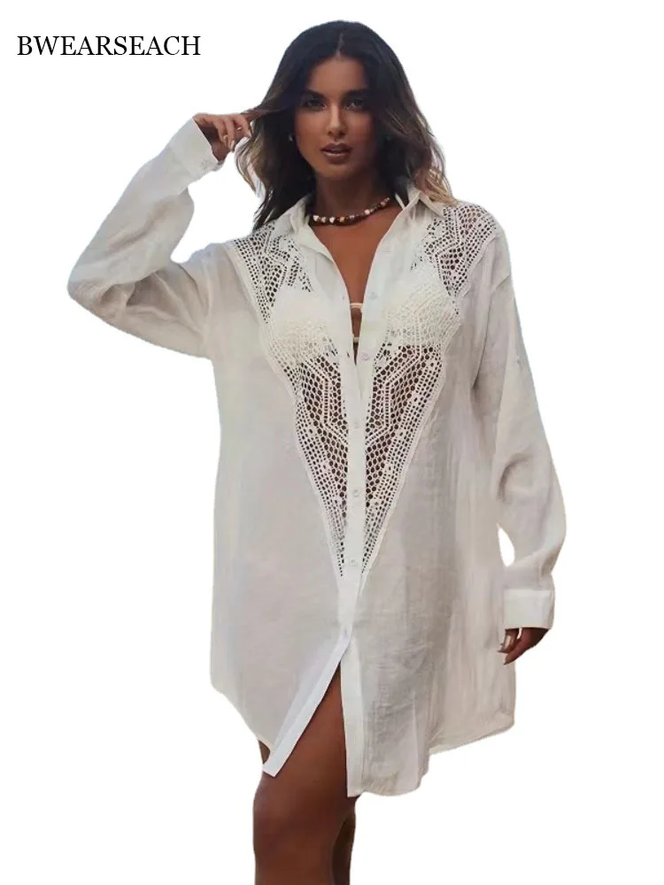 

White Beach Cover Ups for Siwmwear Women Flower Lace Shirts Tunic Long Sleeve Summer Holiday Bathing Suits Hot Sales