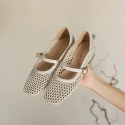 Large Size Buckle Low Sandals Woman Leather Square Toe Female Shoe 2024 Summer Big Low-heeled Girls Fashion Comfort Beige Flat