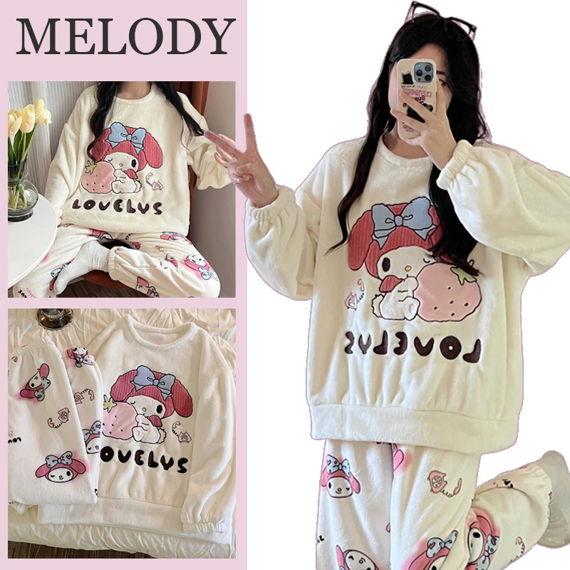 

Sanrio Melody Pajamas Cute Winter Women Warm 2 Piece Sets Sleepwear Thicken Fleece Pullover Long Sleeves Pants Casual Home Suit