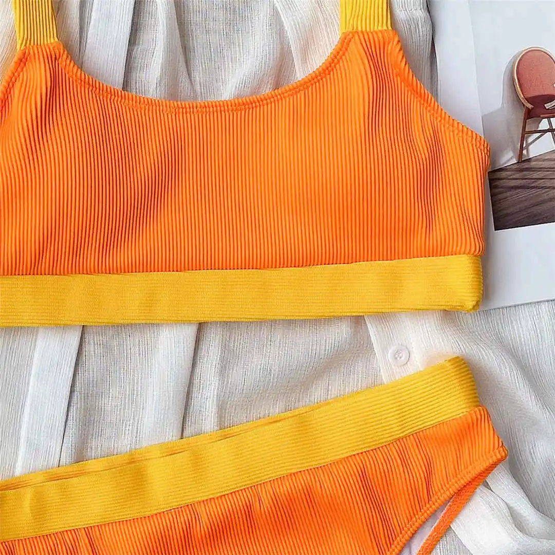 Neuer, verführerischer, gerippter Badeanzug mit aufgesetzten Elementen, hoch geschnittener Bikini, Damen-Badebekleidung, zweiteiliges Bikini-Set, Badeanzug, Badebekleidung, Modell V2329. – Detail 22