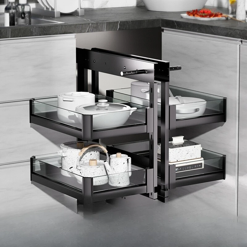 

Kitchen cabinet corner pull basket storage rack storage corner rotation space aluminum full pull out linkage bowl basket
