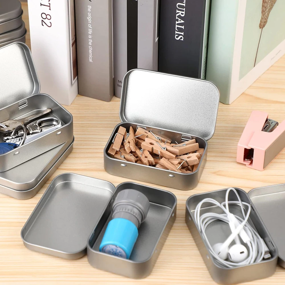 الفضة معدن مستطيلة فارغة متمحور علب حاويات علب الضروريات الأساسية علب صندوق صغير محمول مجموعة تخزين صغيرة كرت هدية #4