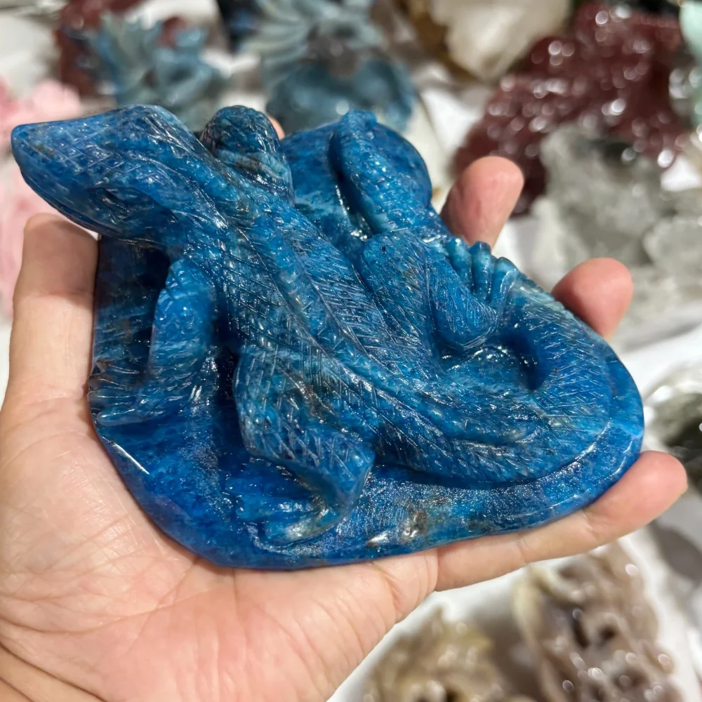 Natural Crystal Quartz Blue Apatite Lizard Figurine Reiki Healing Gothic Hand Carved Animal Stone Craft Gift
