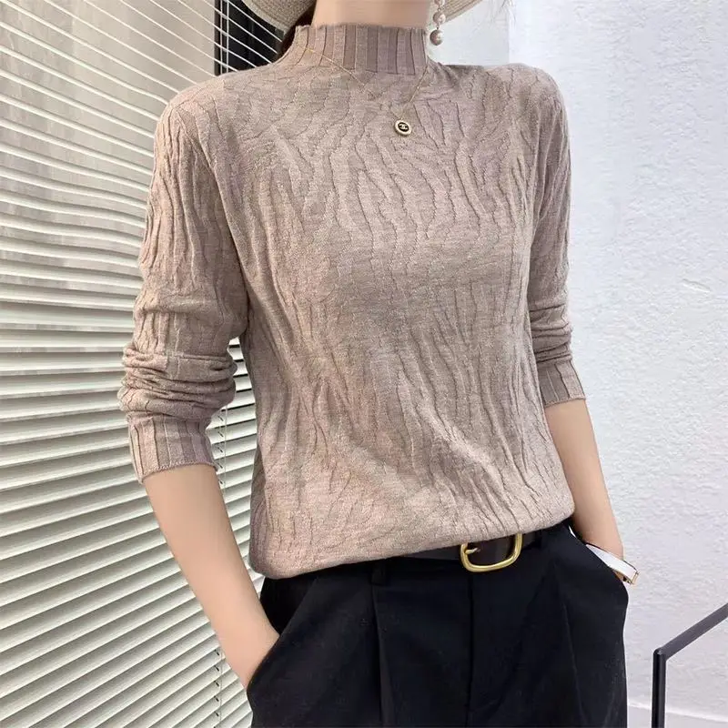 Women Autumn and Winter Korean Fashion Half High Collar Basic Knitwear Long Sleeve Slim Knitted Sweater Solid Pullover Tops Ropa