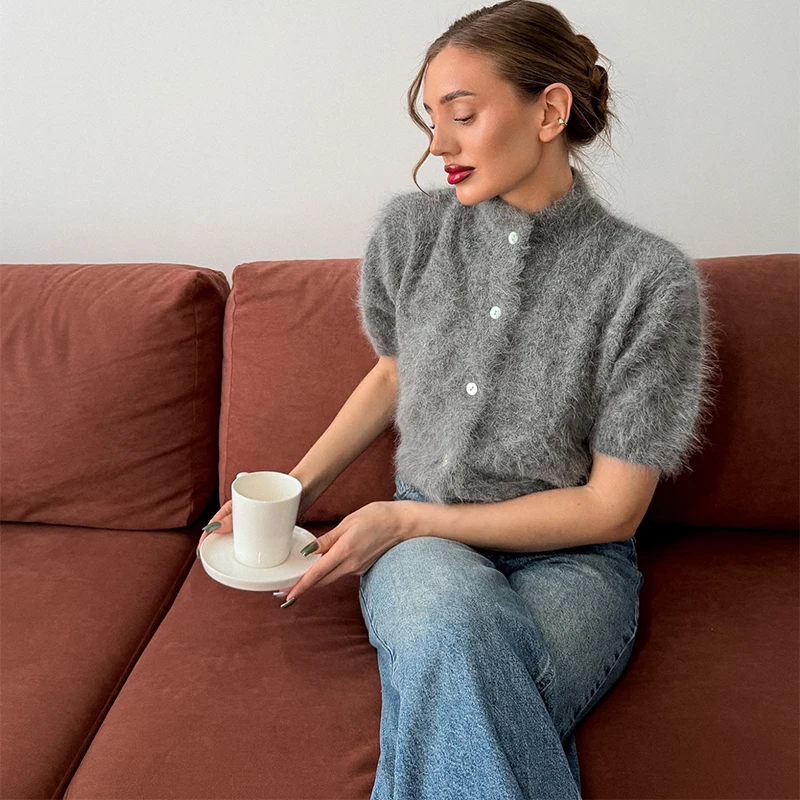 Damen-Strickwaren Plüsch Kurzarm Strickjacke Herbst O-Ausschnitt Einreihig Einfarbig Weiche Strickjacken Schicke Damen-Oberteile – Detail 3