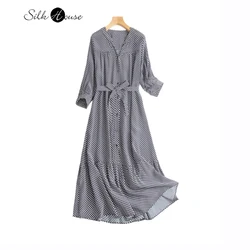 100% Natural Mulberry Silk 04 Crepe De Chine V-neck Seven Quarter Sleeve Loose Mid Length Women's Fashionable Early Autumn Dress