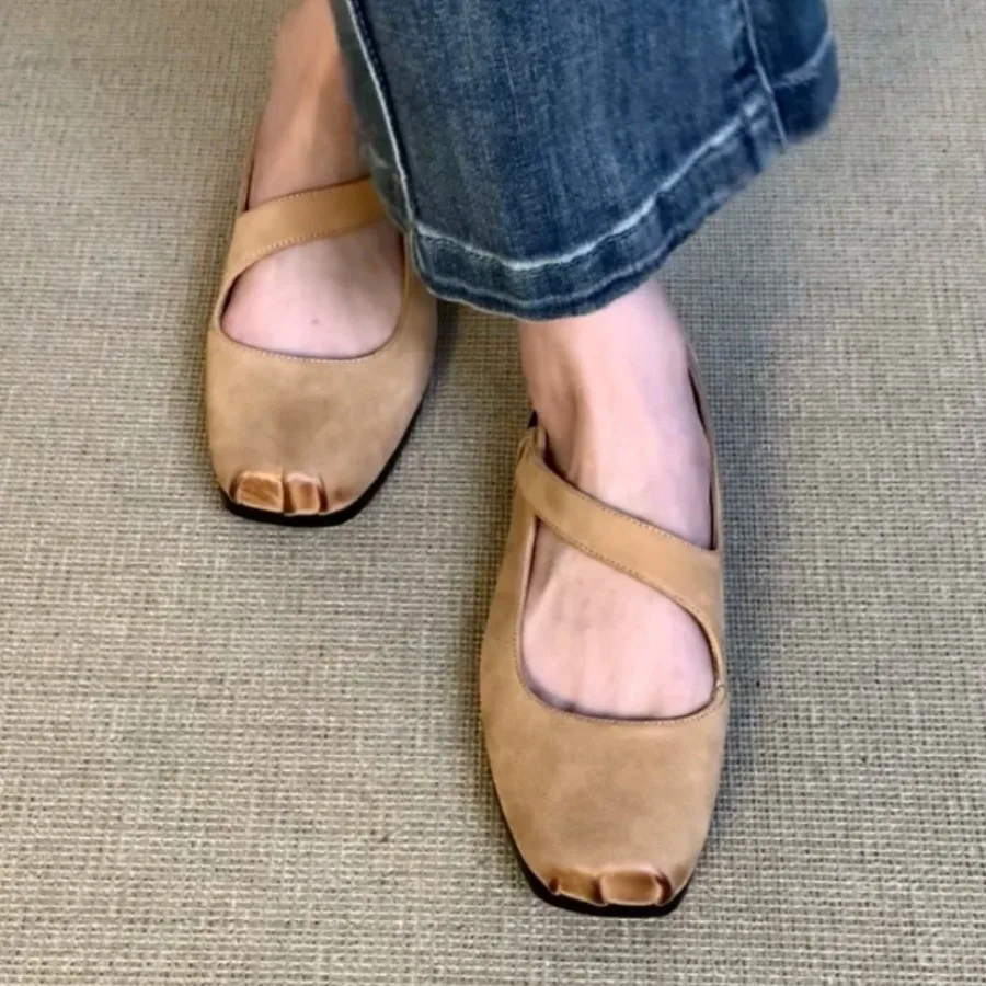 genuine-leather-retro-mary-jane-flat-ballet-shoes-square-head-flat-bottom-women's-footwear-casual-fashion-single-shoes