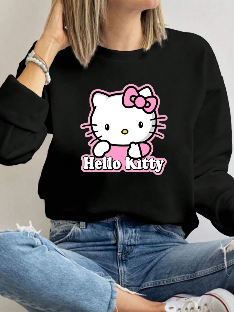 여성용 헬로 키티 그래픽 긴 소매 크루넥 스웨트셔츠 - 아이코닉한 디자인의 소프트 핑크 캐주얼 풀오버