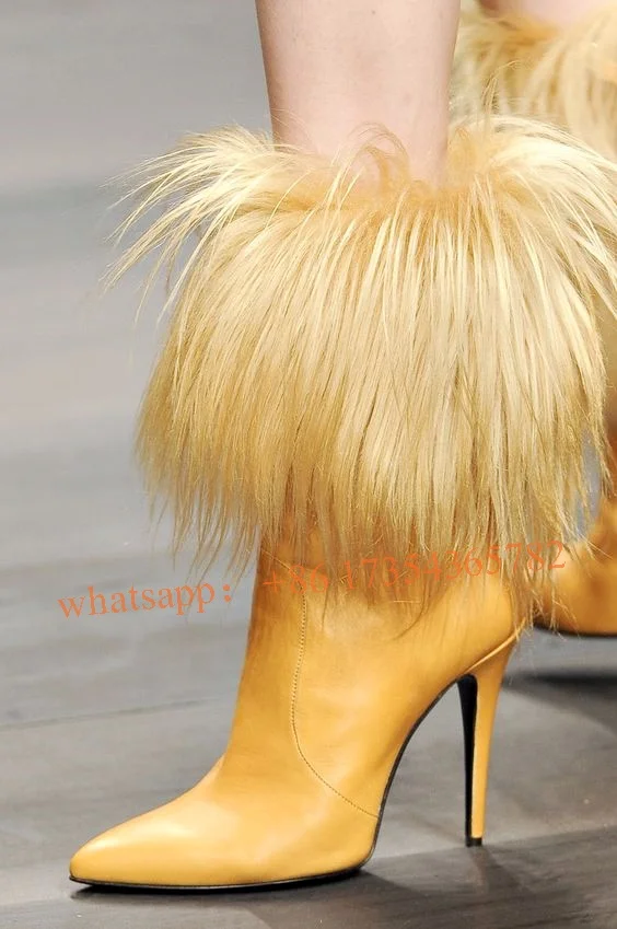 

Stain Pointed Toe Fur Mid Calf Boots Yellow\Black Women Sexy Stiletto High Heel Leather Short Boots 2022 Runway Furry Shoes