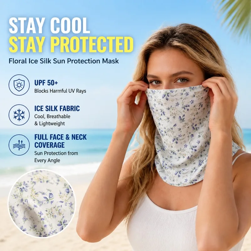 Damen Sonnenschutz-Gesichtsmaske Blumenmuster Eisseide Atmungsaktiver Stoff Ohrschlaufen Sommer Vollgesichts-Sonnenschutzmaske für Strandurlaub