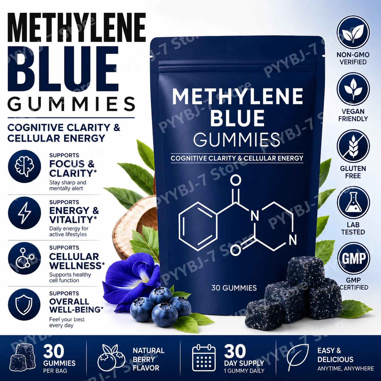 Methylene Blue Compound Gummies with Vitamin B2 B3 NAC PQQ, 30/60 Count Sustained Energy Daily Wellness Support for Adults