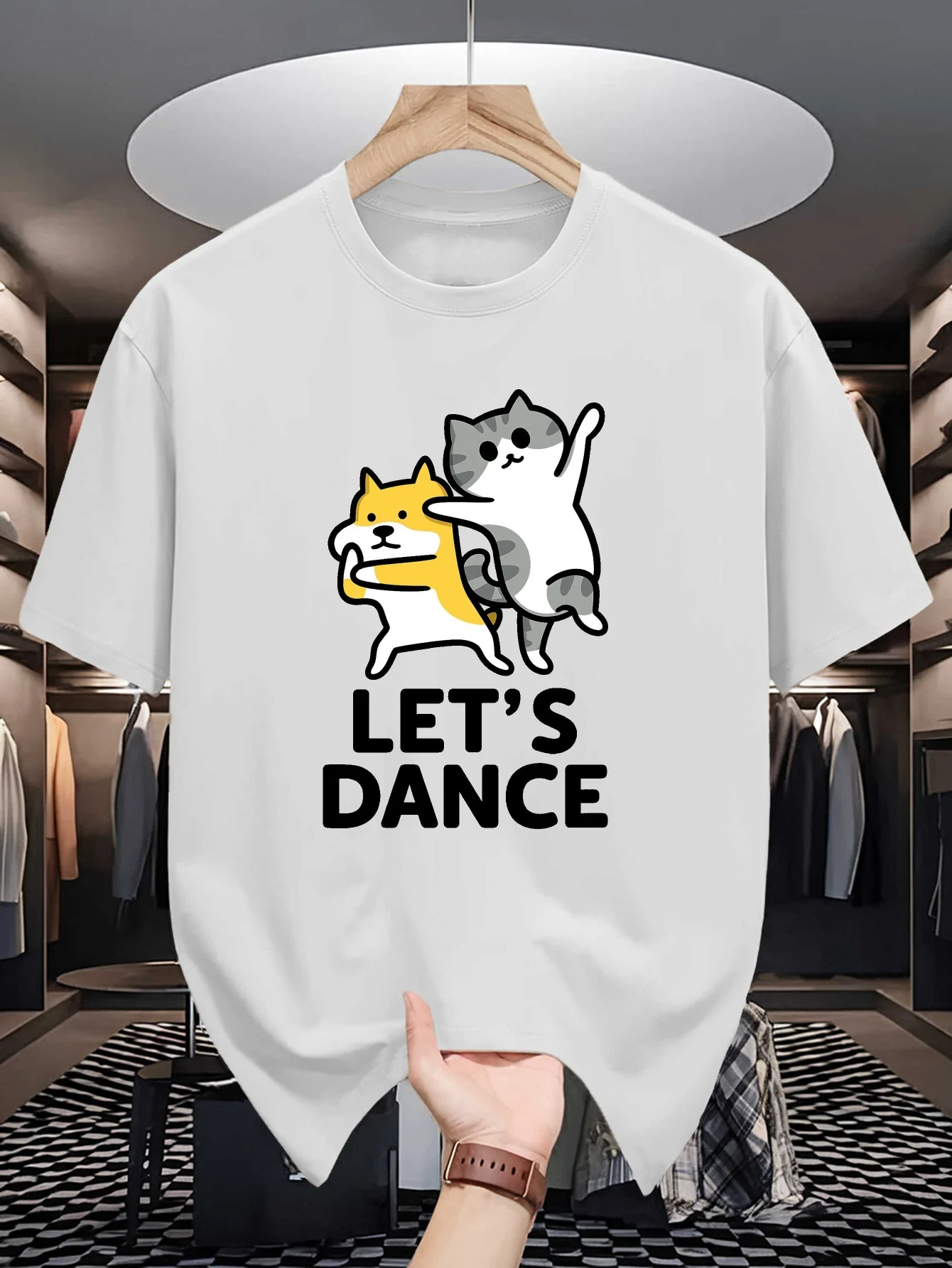Mens Crew Neck T Shirt Funny Lets Dance Dancing Cat Dog Cartoon Pet Graphic Short Sleeve Casual Cotton Trendy Summer Tops
