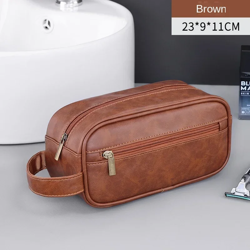 Men Leather Wash Bag Travel Business Trips Portable Cosmetic Bag Large Capacity Multi Pocket Design Handheld Leather Wash Bag