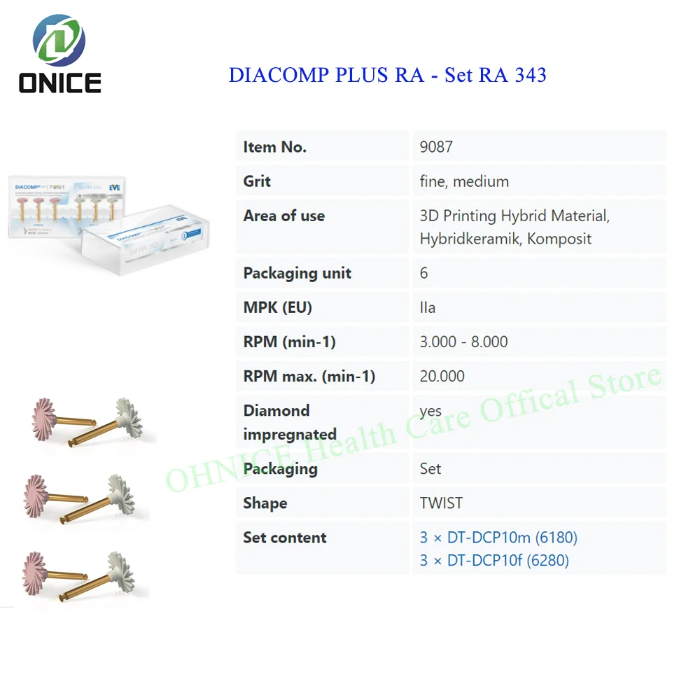 EVE Dental Diacomp Plus Twist Diamond Polisher Set RA343,Dental Composite Polishing Diamond System Wheel diameter 11mm