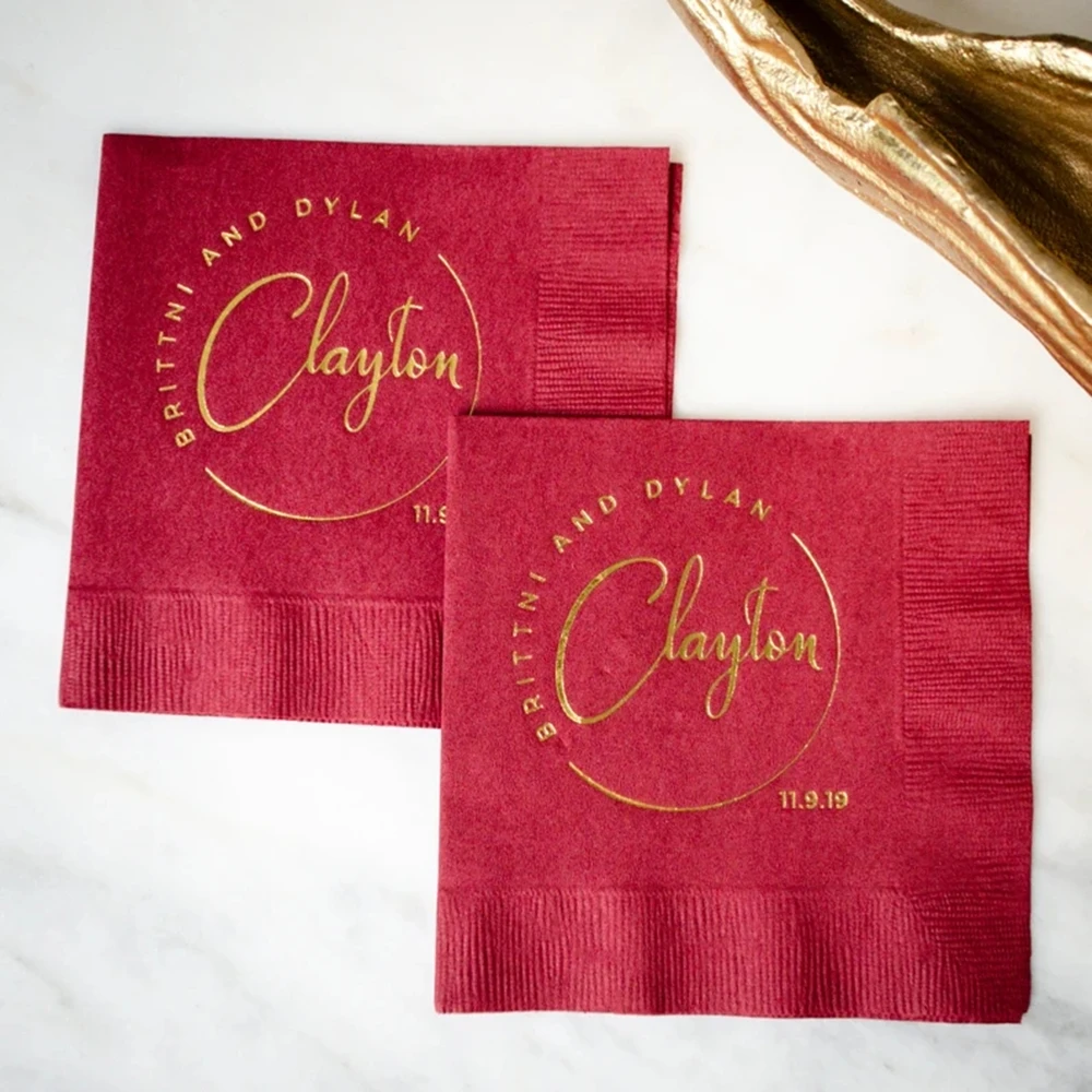 Interlocking Monogram Wedding Cocktail Napkins, Engagement Party Napkins, Rehearsal Dinner Beverage Napkins, Gold Foil