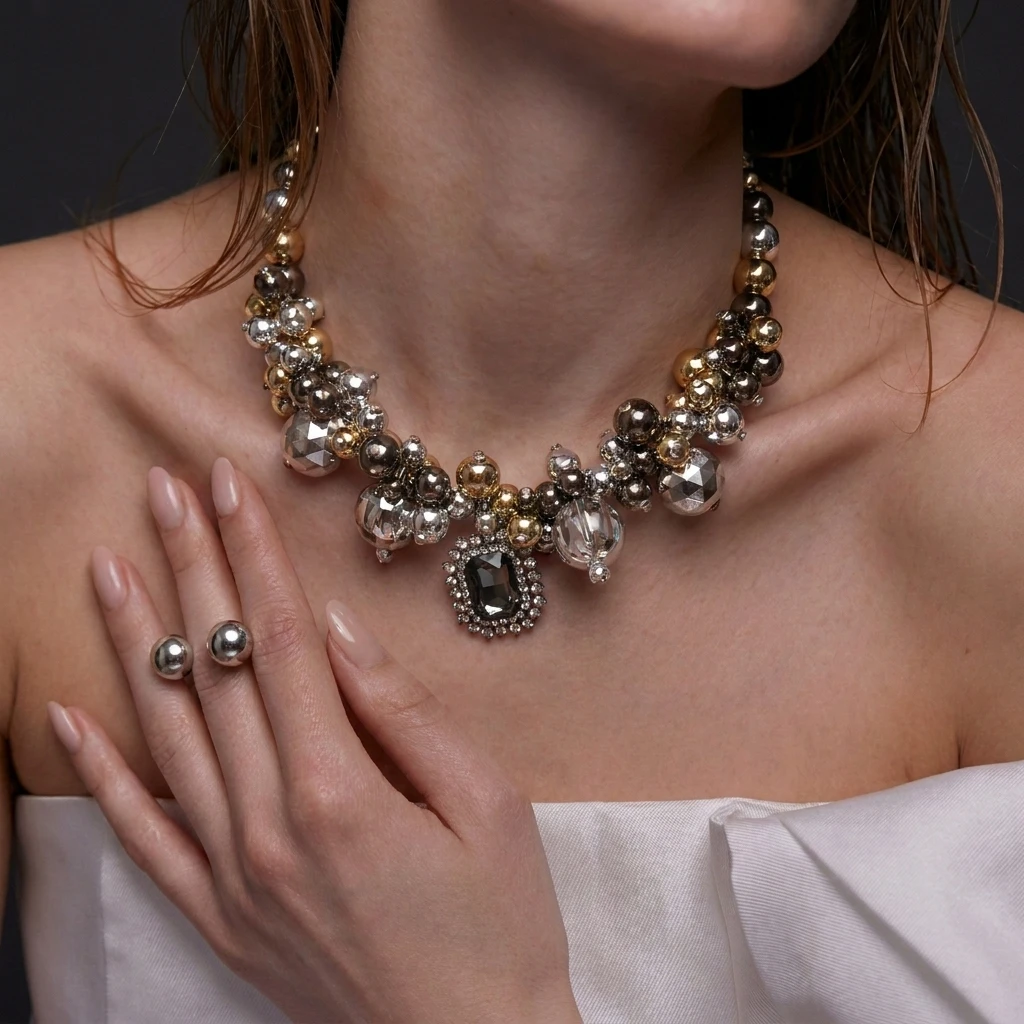 Luxuriöse Funkelnde Zirkon-Choker-Halsketten für Damen Schicke Massive Imitationsperlen Acryl-Perlenketten Party-Schmuckset – Detail 1