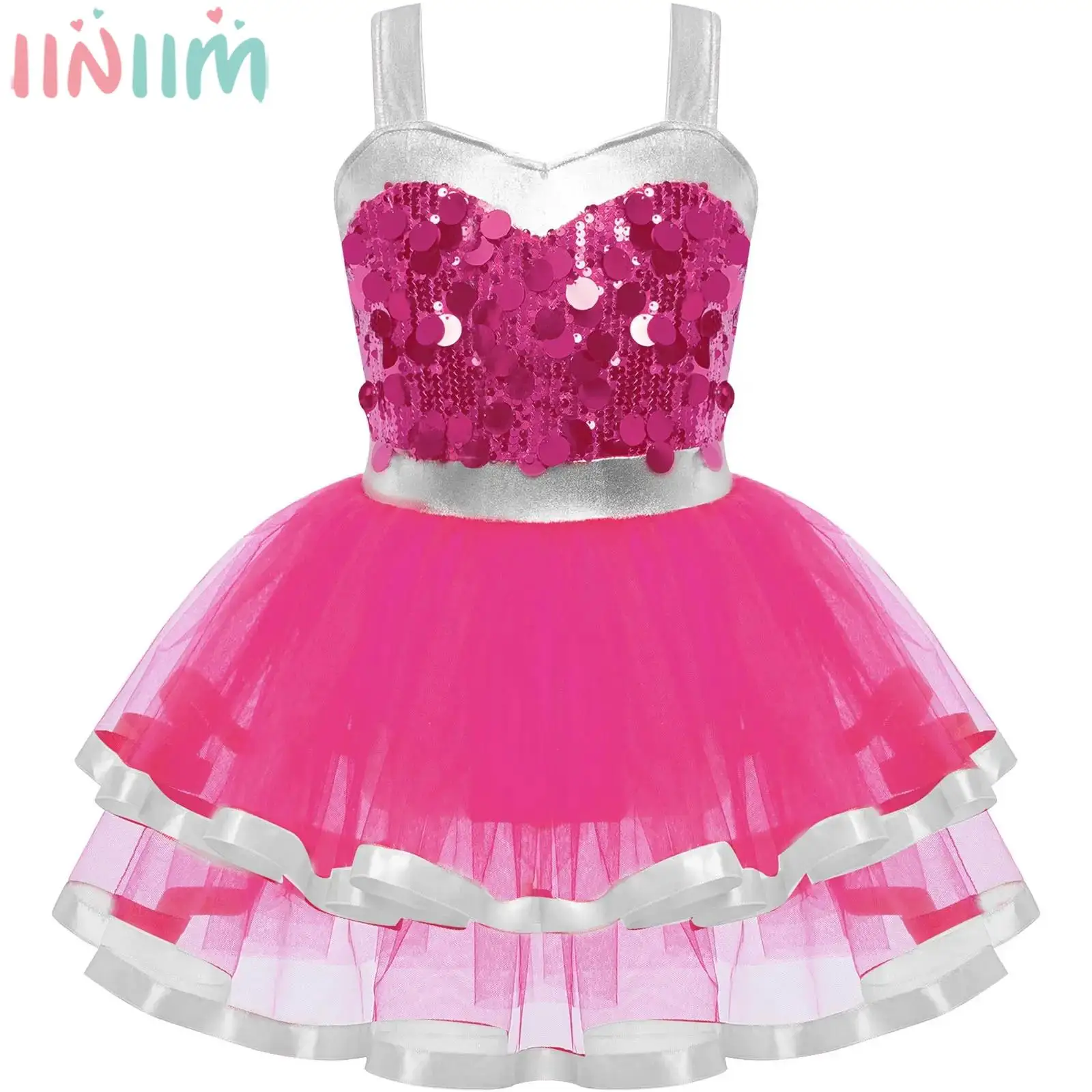

Children Girls Ballet Dance Jazz Skating Gymnastics Acrobatics Tutu Dress Sleeveless Shiny Sequins Mesh Leotard Dancewear
