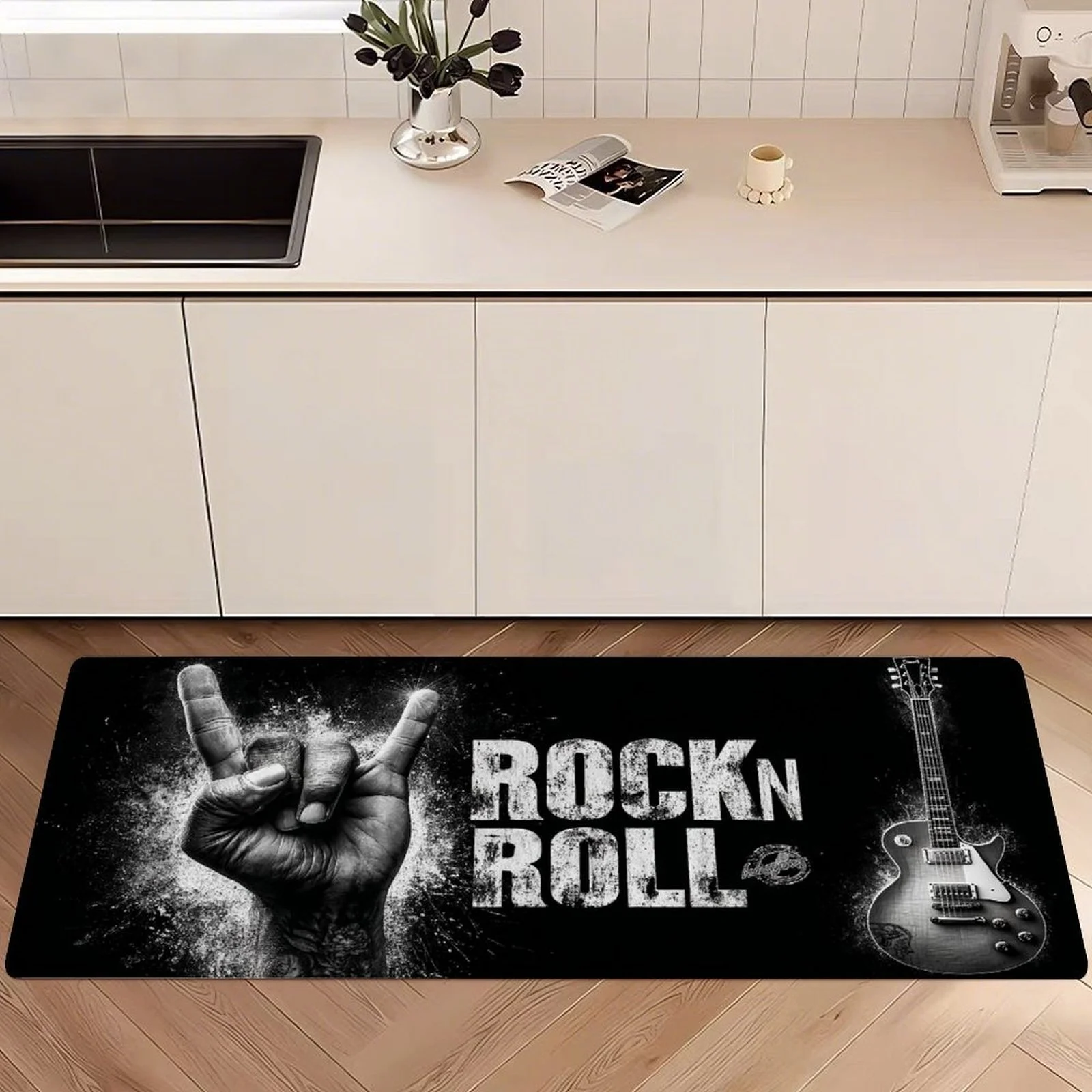 Vintage Black White Rock Roll Guitar Rock Hand Long Runner Rug, Non-Slip Mat for Kitchen Entryway Bathroom Punk Music Decor