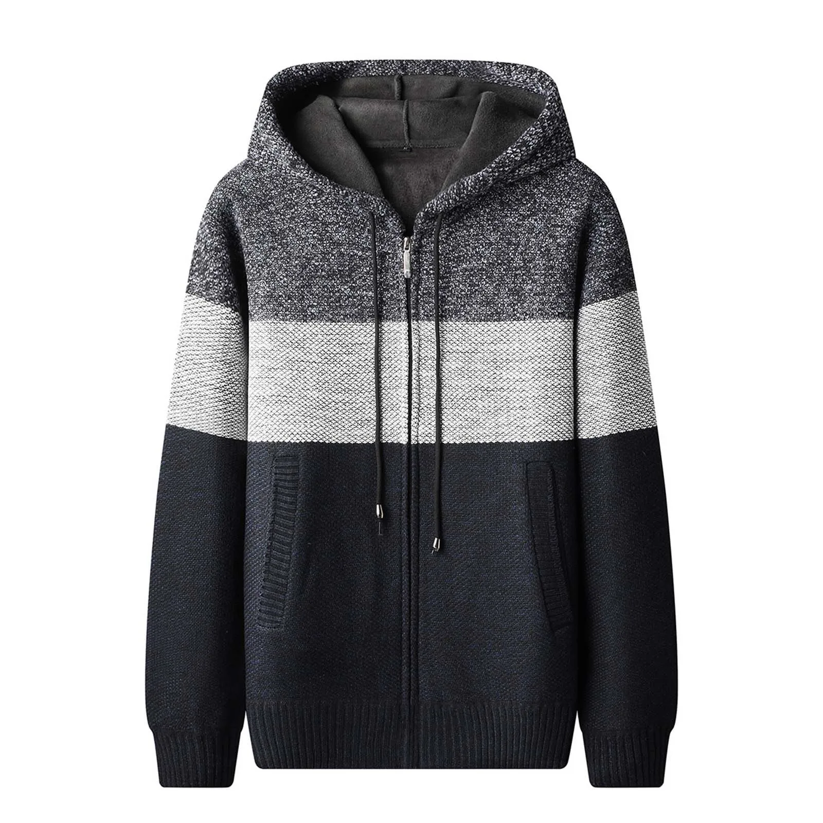 Men'S Sweater Jacket Full Zip Up Stand Collar Knitted Cardigan Color-Block Stripe Hooded Overcoat Autumn Winter Fleece Jumpers