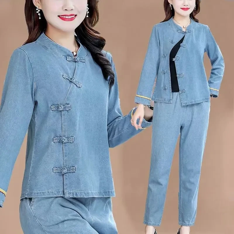 XL-5XL Denim Suit Women Retro Cowboy Two Piece Set 2023 Spring Autumn Middle age Female Casual Button Top+Jeans 2 Piece Set