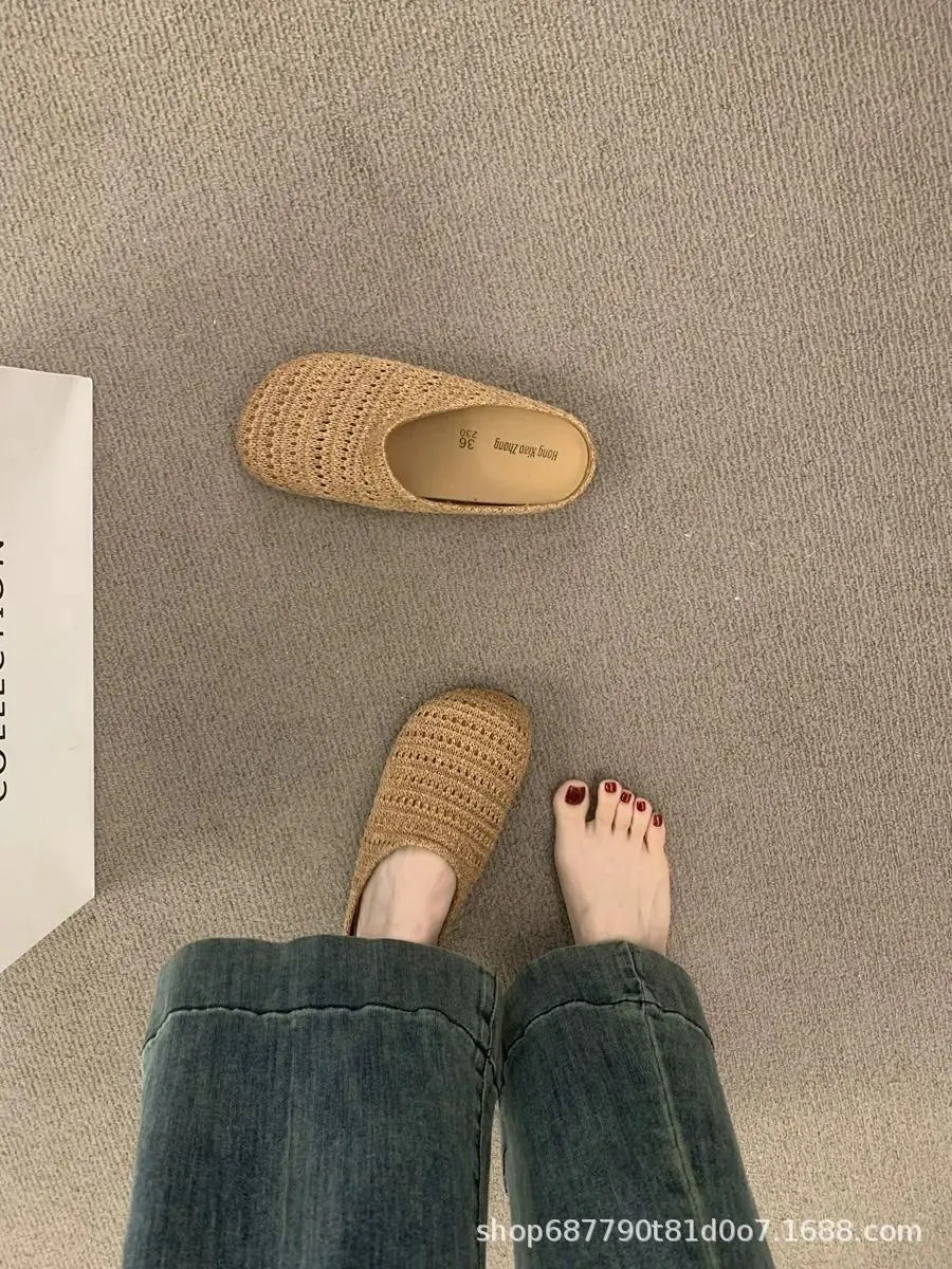 Handgewebte, dicke, offene Zehenschuhe im koreanischen Stil, flache, rutschfeste Pantoffeln für Damen, flache Sandalen – Detail 6