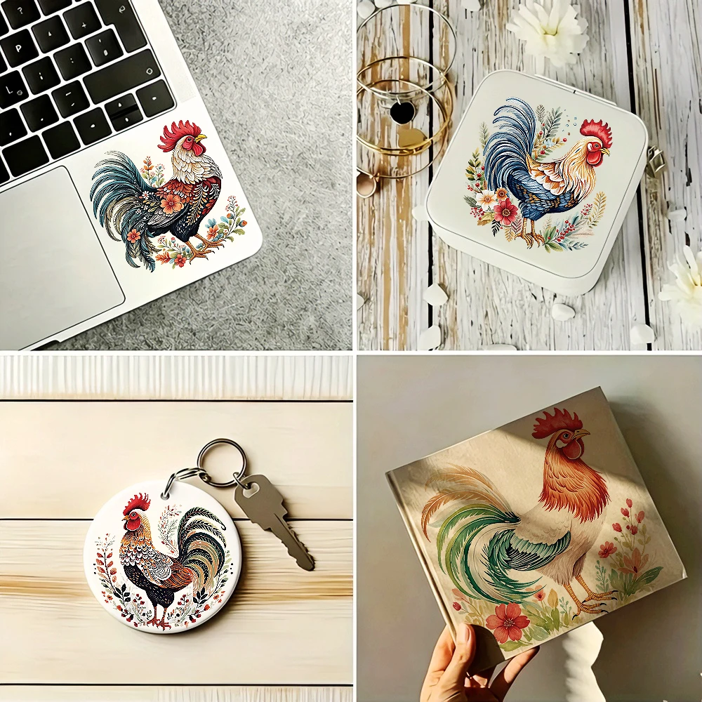 8pcs Watercolor Red Crown Rooster UV DTF Transfer Sticker Lucky Colorful Rooster Glass Vase Self Adhesive Cup Washable Stickers