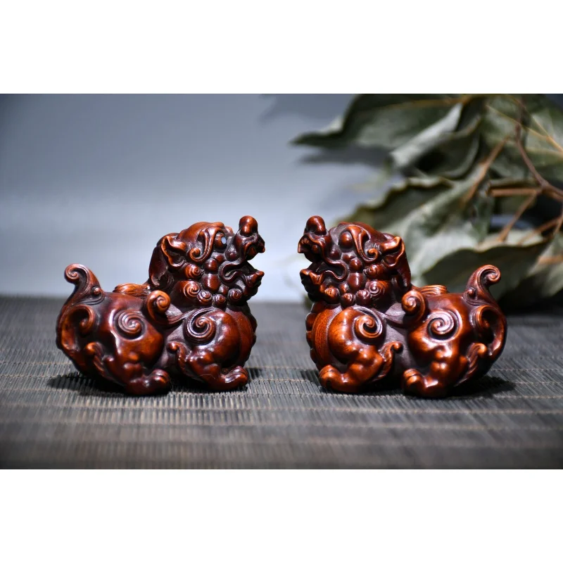 

2.8" Chinese Box-wood Hand Engraving Duad Auspicious Beast Pixiu Statue Set Craft Gift Decoration Home Decore