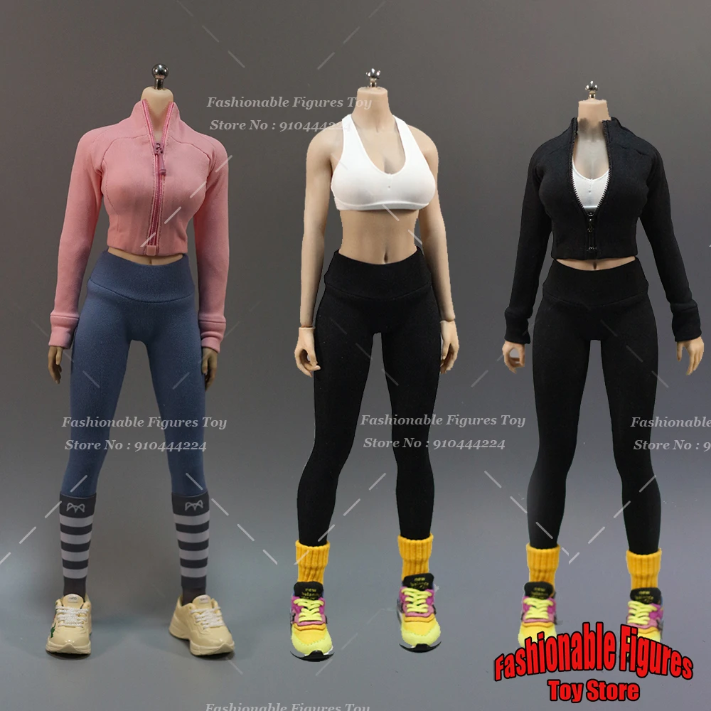 1/6 Women Soldier Yoga Set Sportswear Zip Coat Crop Tops High Waist Leggings Mid Length Socks Fit 12Inch Action Figure Body