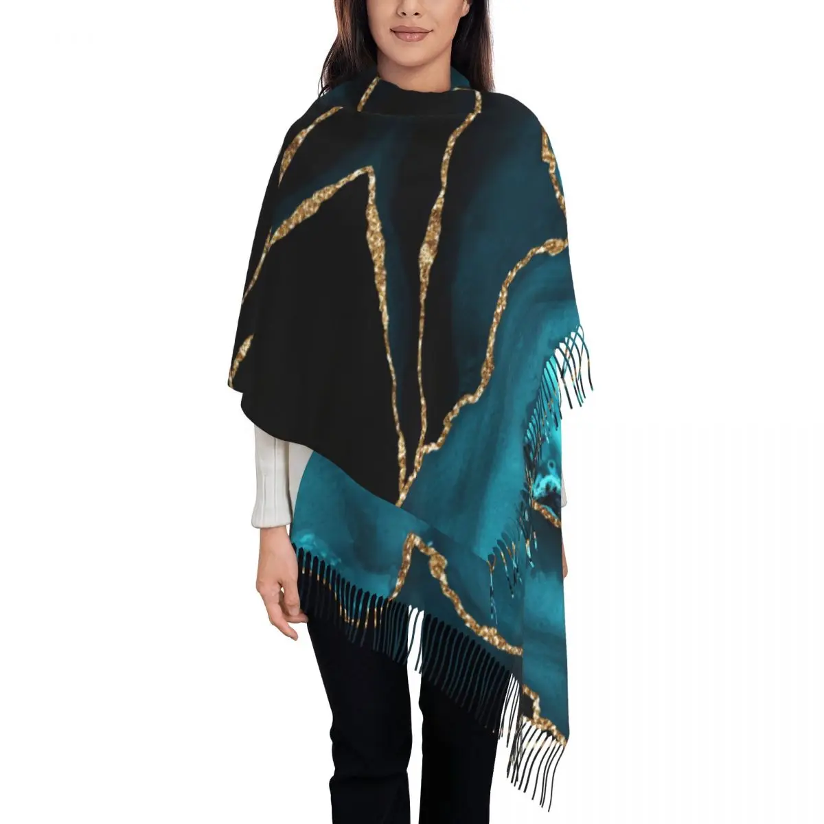 Stylish Teal Blue And Gold Hues Marble Agate Tassel Scarf Women Winter Fall Warm Shawls Wraps Female Geometric Modern Scarves